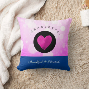 Cute Thankful and Blessed Heart Add Your Name Pink Cushion