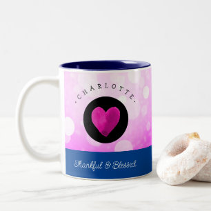 Cute Thankful and Blessed Heart Add Your Name Pink Two-Tone Coffee Mug