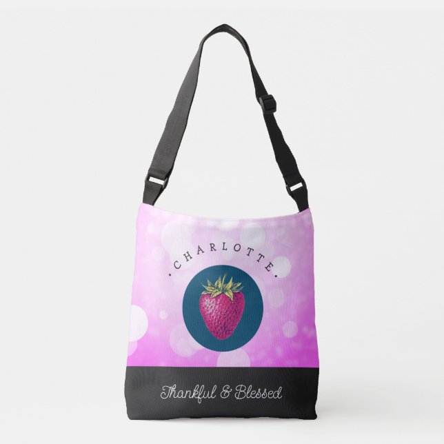 Cute Thankful and Blessed Strawberry Add Your Name Crossbody Bag (Front)