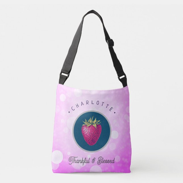 Cute Thankful and Blessed Strawberry Add Your Name Crossbody Bag (Front)