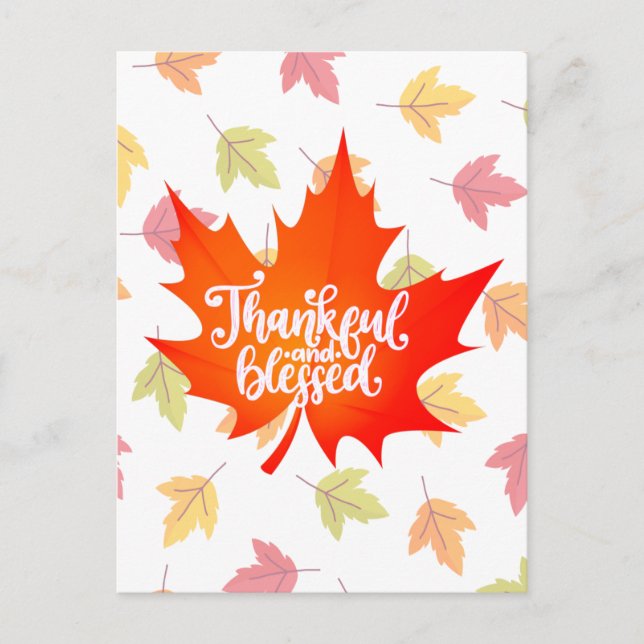 Cute Thankful and Blessed with Colourful Leaves Holiday Postcard (Front)