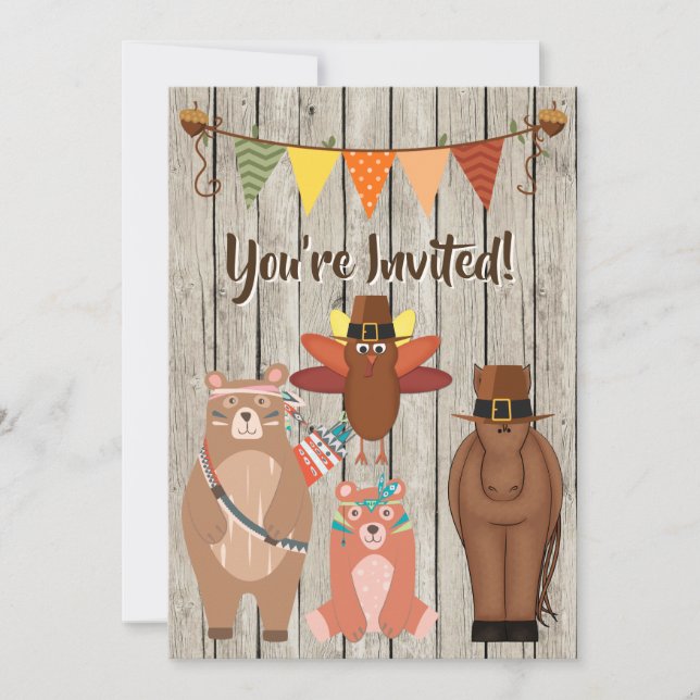 Cute Thanksgiving Animals and Turkey 1st Birthday Invitation (Front)
