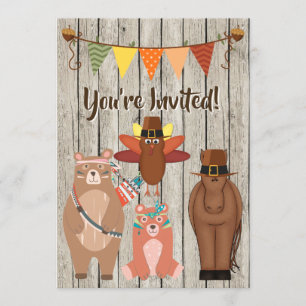 Cute Thanksgiving Animals and Turkey 1st Birthday Invitation