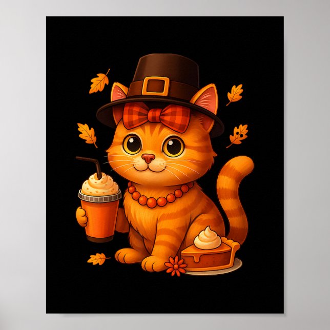 Cute Thanksgiving Cat Fall Pumpkin Pie Latte Autum Poster (Front)