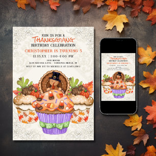 Cute Thanksgiving Cupcakes Holiday Birthday Invitation