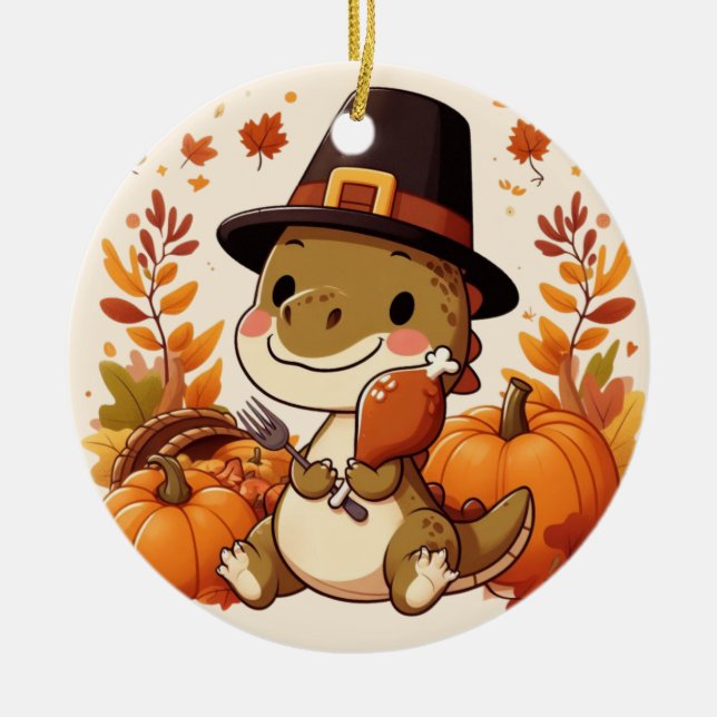 Cute Thanksgiving Dinosaur Ceramic Tree Decoration (Front)