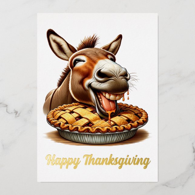Cute Thanksgiving Donkey Foil Holiday Card (Front)