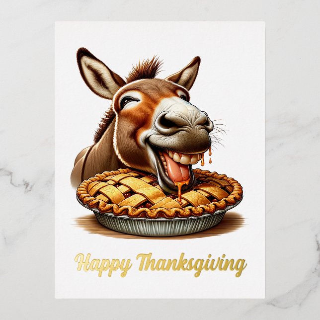 Cute Thanksgiving Donkey Foil Holiday Postcard (Front)