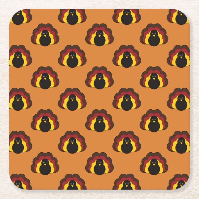 Cute Thanksgiving Fall Turkey Pattern Square Paper Coaster (Front)