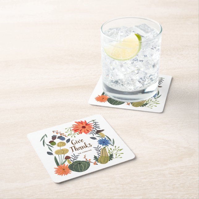 Cute Thanksgiving floral mushroom fall Square Paper Coaster (Insitu)