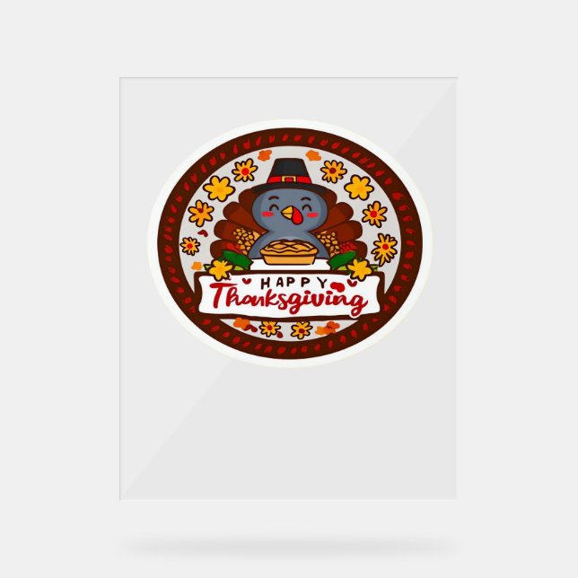 Cute Thanksgiving Gnome with Turkey Illustration C Acrylic Sign (Front)