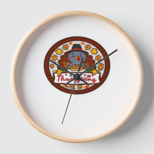Cute Thanksgiving Gnome with Turkey Illustration C Clock