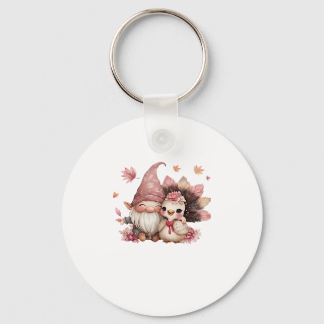 Cute Thanksgiving Gnome with Turkey Illustration C Key Ring (Front)