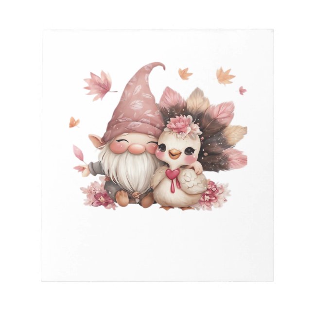 Cute Thanksgiving Gnome with Turkey Illustration C Notepad (Front)