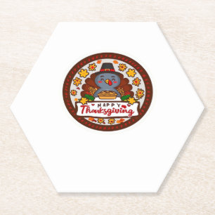 Cute Thanksgiving Gnome with Turkey Illustration C Paper Coaster