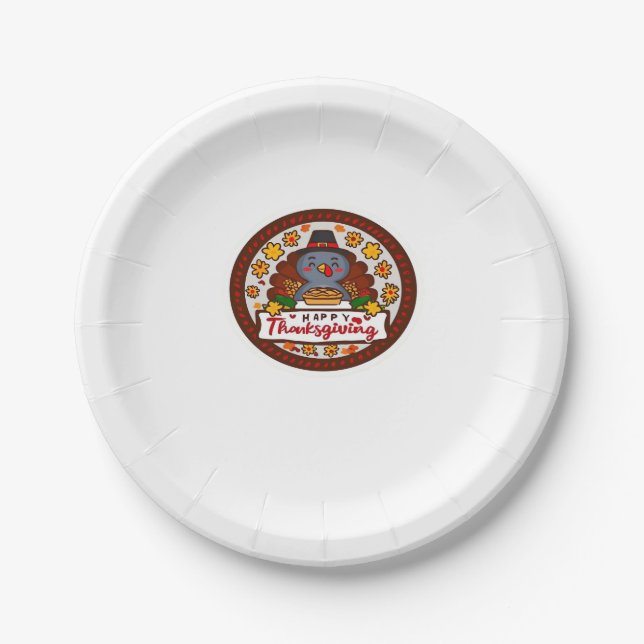 Cute Thanksgiving Gnome with Turkey Illustration C Paper Plate (Front)
