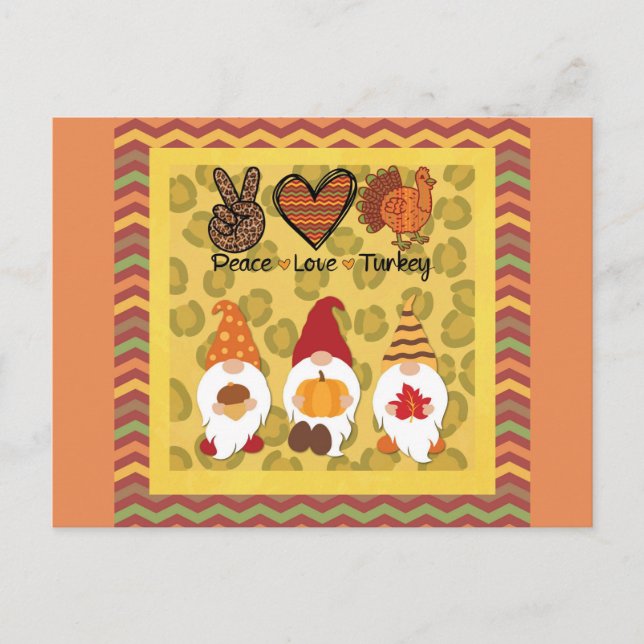 Cute Thanksgiving Gnomes Peace Love Turkey Postcard (Front)