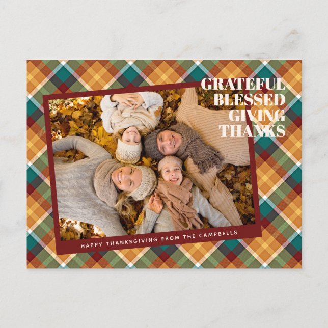 Cute Thanksgiving Greeting On Plaid Holiday Card (Front)