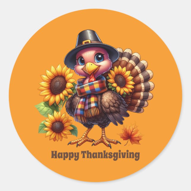 Cute Thanksgiving Holiday turkey customisable  Classic Round Sticker (Front)