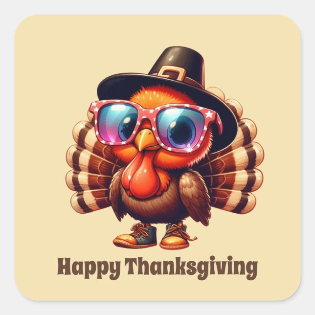 Cute Thanksgiving Holiday turkey customisable Square Sticker (Front)