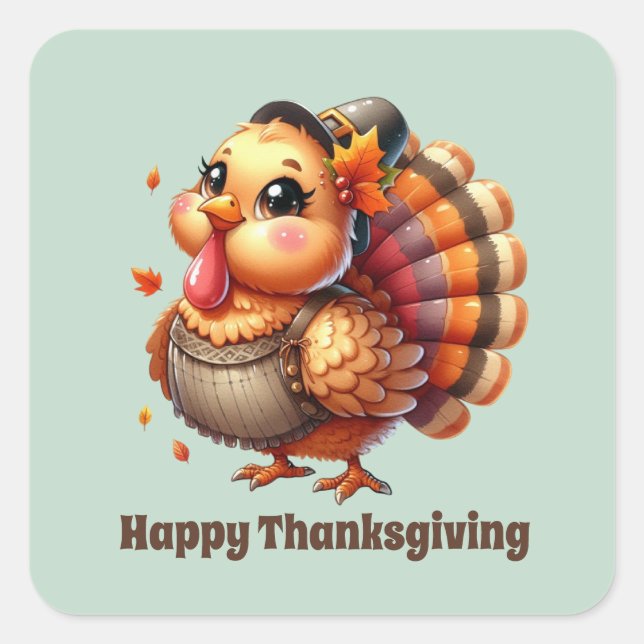 Cute Thanksgiving Holiday turkey customisable Square Sticker (Front)