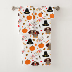 Cute Thanksgiving Pattern Gobble Give Thanks Bath Towel Set