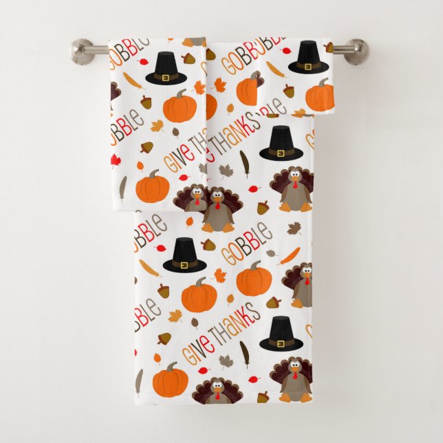 Cute Thanksgiving Pattern Gobble Give Thanks Bath Towel Set (Insitu)