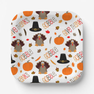 Cute Thanksgiving Pattern Gobble Give Thanks Paper Plate