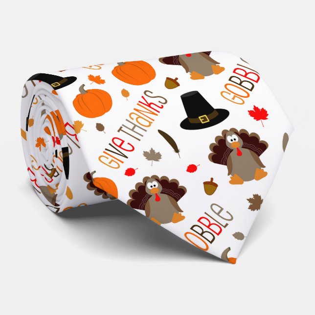 Cute Thanksgiving Pattern Gobble Give Thanks Tie (Rolled)