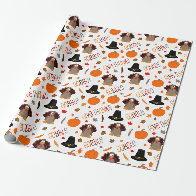 Cute Thanksgiving Pattern Gobble Give Thanks Wrapping Paper (Unrolled)