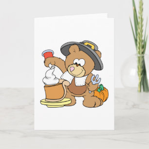 cute thanksgiving pilgrim bear eating pumpkin pie holiday card