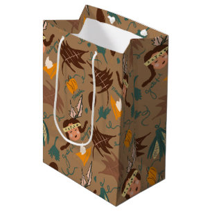 Cute Thanksgiving Pilgrim Girl Fall Greenery Medium Gift Bag