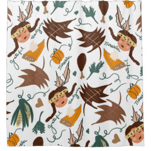 Cute Thanksgiving Pilgrim Girl Fall Greenery Shower Curtain