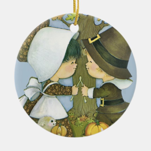 Cute Thanksgiving Pilgrim Wishes Ceramic Tree Decoration (Front)