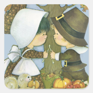 Cute Thanksgiving Pilgrim Wishes Square Sticker