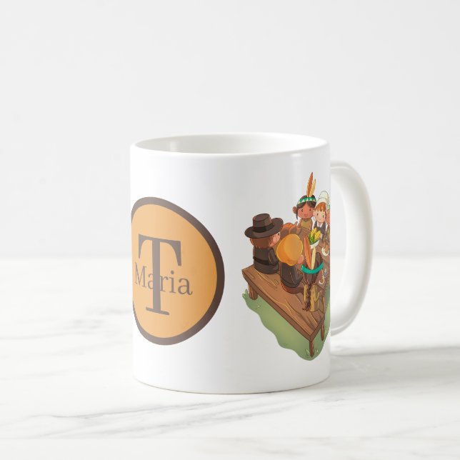 cute Thanksgiving Pilgrims Indians monogram Coffee Mug (Front Right)