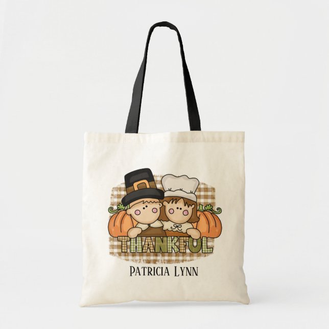 cute Thanksgiving Thankful Pilgrims add name Tote Bag (Front)