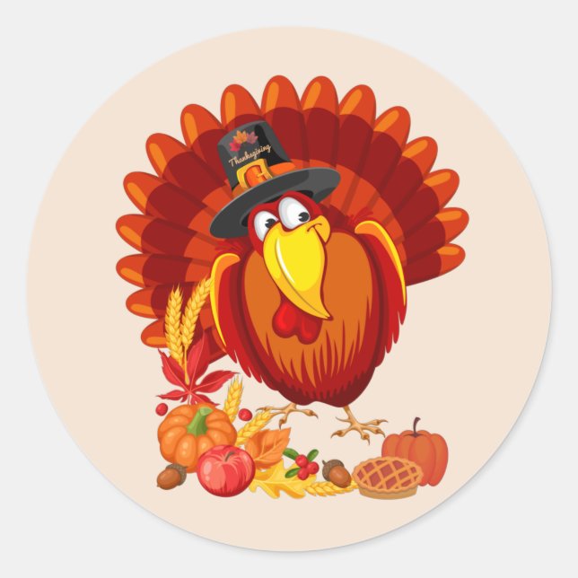 Cute Thanksgiving Turkey and Autumn Harvest Classic Round Sticker (Front)