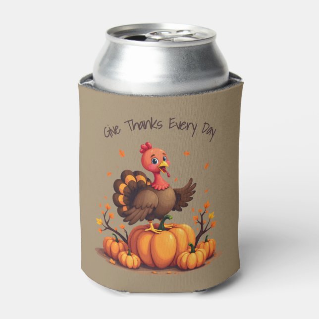 Cute Thanksgiving Turkey Autumn Pumpkins Scene Can Cooler (Can Front)