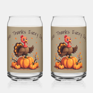 Cute Thanksgiving Turkey Autumn Pumpkins Scene Can Glass