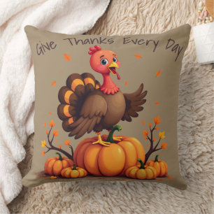 Cute Thanksgiving Turkey Autumn Pumpkins Scene Cushion
