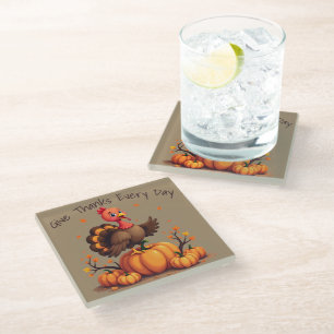 Cute Thanksgiving Turkey Autumn Pumpkins Scene Glass Coaster