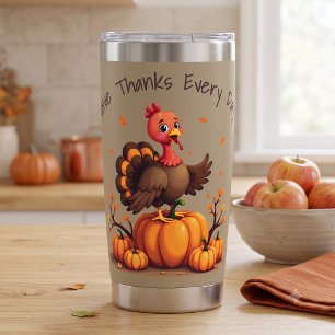 Cute Thanksgiving Turkey Autumn Pumpkins Scene Insulated Tumbler