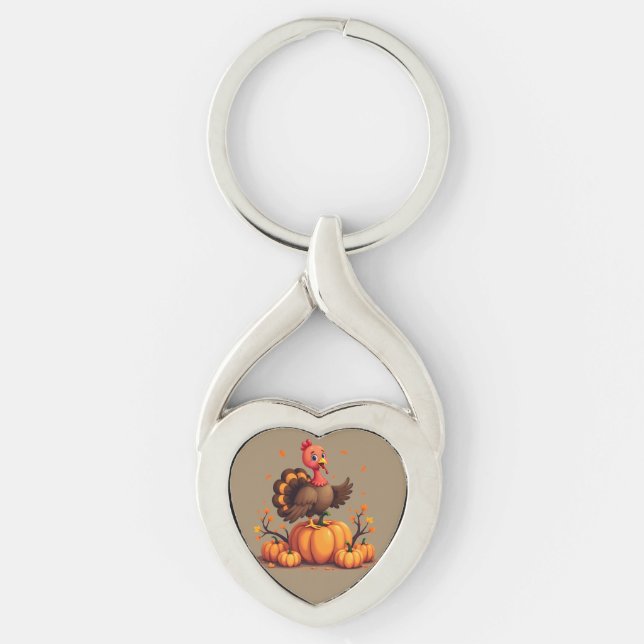 Cute Thanksgiving Turkey Autumn Pumpkins Scene Key Ring (Front)