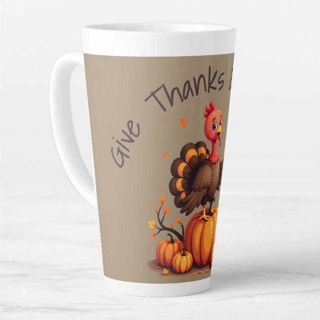 Cute Thanksgiving Turkey Autumn Pumpkins Scene Latte Mug (Left Angle)