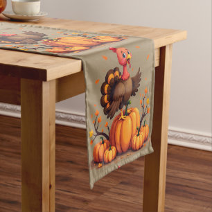 Cute Thanksgiving Turkey Autumn Pumpkins Scene Short Table Runner