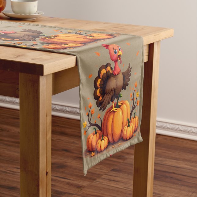 Cute Thanksgiving Turkey Autumn Pumpkins Scene Short Table Runner (In Situ)
