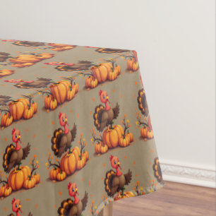 Cute Thanksgiving Turkey Autumn Pumpkins Scene Tablecloth