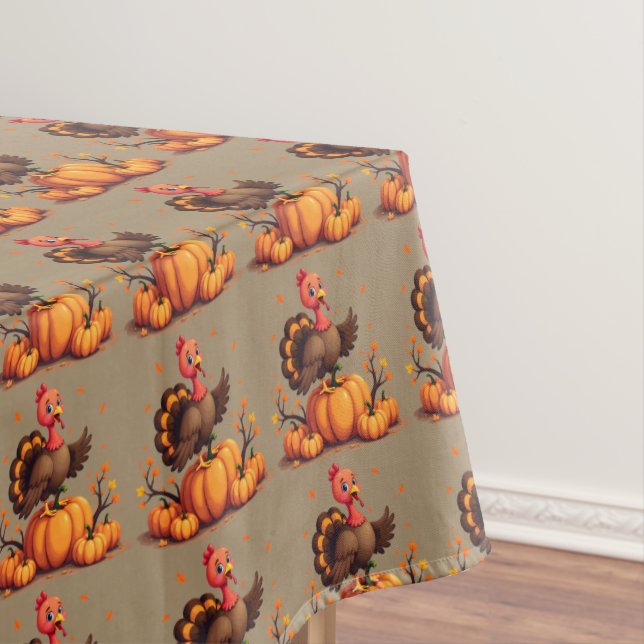 Cute Thanksgiving Turkey Autumn Pumpkins Scene Tablecloth (In Situ)