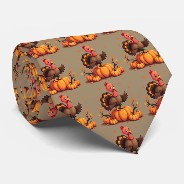 Cute Thanksgiving Turkey Autumn Pumpkins Scene Tie (Rolled)